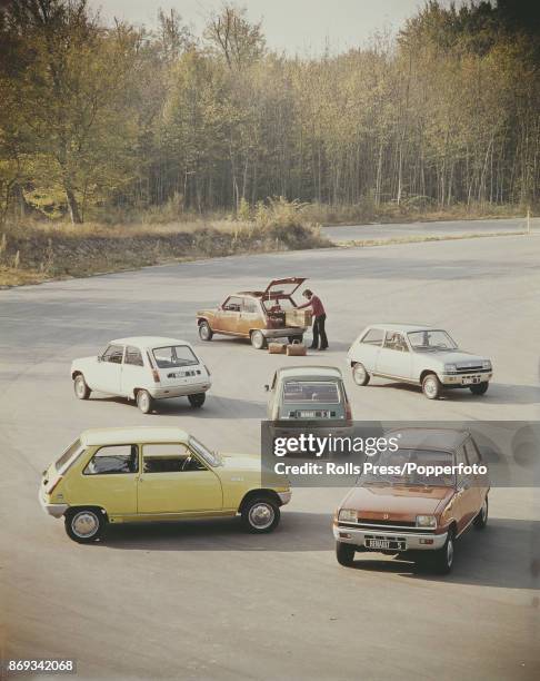 View of 6 new first generation Renault 5 cars, built by the French car company Renault and launched in 1972.