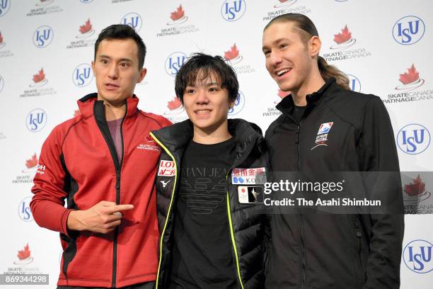 Patrick Chan of Canada, Shoma Uno of Japan and Jason Brown of United States attend a press conferenec after competing in the Men's Singles Short...