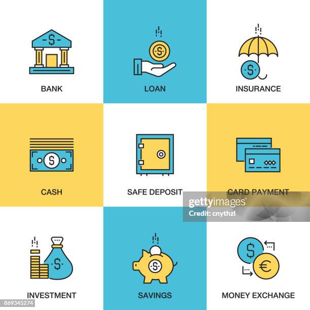 illustrations, cliparts, dessins animés et icônes de icônes de la ligne de la banque et argent concept - investissement - assurance - banque - prêt - transfert