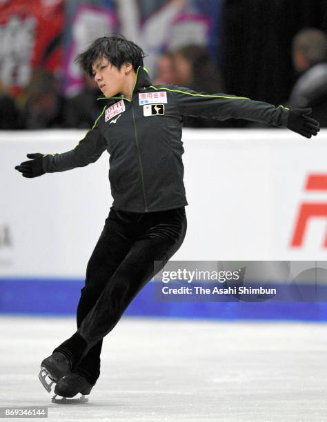 Shoma Uno of Japan in action during a practice session prior to the Men's Singles Short Program during day one of the ISU Grand Prix of Figure...