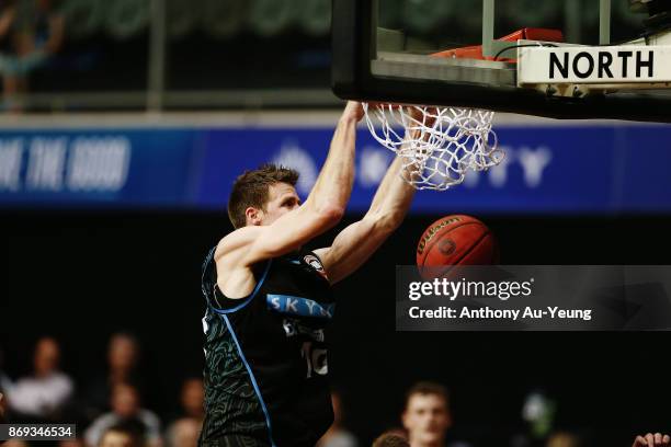 Tom Abercrombie of the Breakers with a dunk during the round five NBL match between the New Zealand Breakers and the Adelaide 36ers at North Shore...