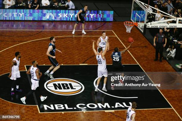 Devonte DJ Newbill of the Breakers scores on a layup during the round five NBL match between the New Zealand Breakers and the Adelaide 36ers at North...