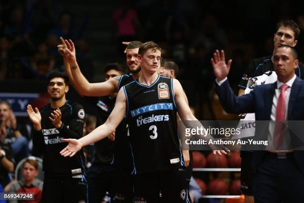 Finn Delany of the Breakers reacts to a basket during the round five NBL match between the New Zealand Breakers and the Adelaide 36ers at North Shore...
