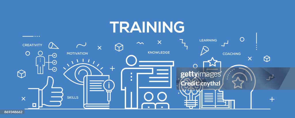 Concetto di illustrazione di design a linea piatta di Training. Banner per intestazione del sito Web e pagina di destinazione.