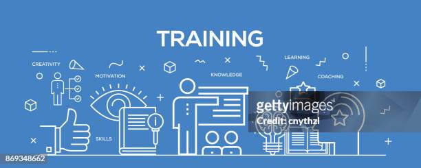 flat line design illustration concept of training. banner for website header and landing page. - conspiracy icon stock illustrations