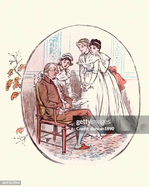 illustrations, cliparts, dessins animés et icônes de père de période régence et ses filles - jane austen