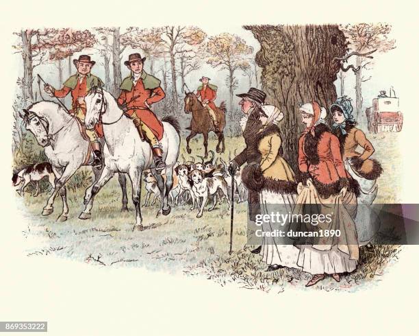 hunters meeting a regency period father and his daughters - jane austen stock illustrations