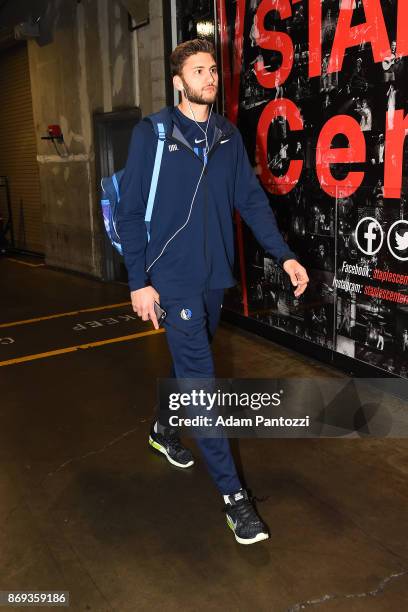 Jeff Withey of the Dallas Mavericks arrives at the arena before the game against the LA Clippers on November 1, 2017 at STAPLES Center in Los...