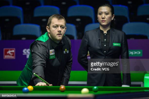 Mark Allen of Northern Ireland reacts during the quarter-final match against Judd Trump of England on Day five of the 2017 Snooker International...