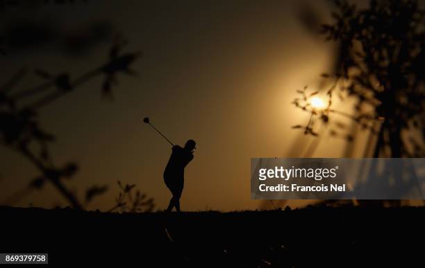 Player tees off on the 15th hole during Day Two of the Fatima Bint Mubarak Ladies Open at Saadiyat Beach Golf Club on November 2, 2017 in Abu Dhabi,...