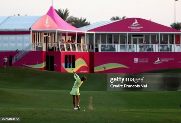 Georgia Hall of England plays her second shot on the 15th hole during Day Two of the Fatima Bint Mubarak Ladies Open at Saadiyat Beach Golf Club on...