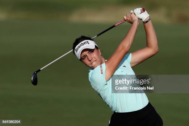 Georgia Hall of England plays her second shot on the 15th hole during Day Two of the Fatima Bint Mubarak Ladies Open at Saadiyat Beach Golf Club on...