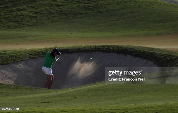 Nuria Iturrios of Spain plays her third shot on the 15th hole during Day Two of the Fatima Bint Mubarak Ladies Open at Saadiyat Beach Golf Club on...