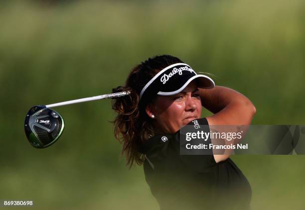 Lina Boqvist of Sweden tees off on the first hole during Day Two of the Fatima Bint Mubarak Ladies Open at Saadiyat Beach Golf Club on November 2,...