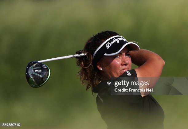 Lina Boqvist of Sweden tees off on the first hole during Day Two of the Fatima Bint Mubarak Ladies Open at Saadiyat Beach Golf Club on November 2,...