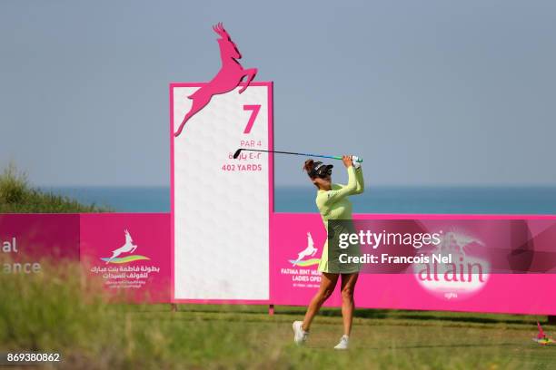 Belen Mozo of Spain tees off on the 7th hole during Day Two of the Fatima Bint Mubarak Ladies Open at Saadiyat Beach Golf Club on November 2, 2017 in...