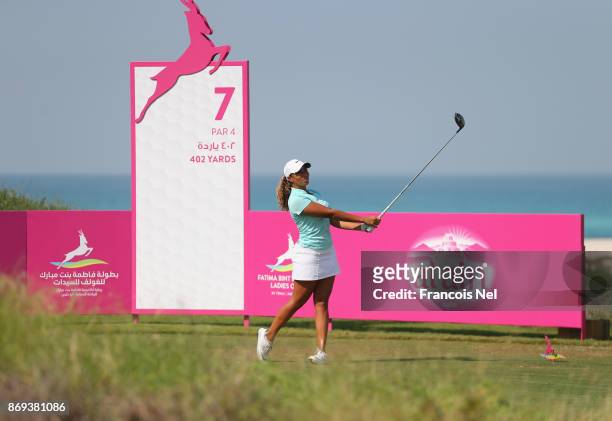 Cheyenne Woods of USA tees off on the 7th hole during Day Two of the Fatima Bint Mubarak Ladies Open at Saadiyat Beach Golf Club on November 2, 2017...