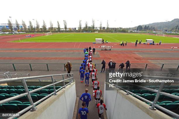 Players from both sides enter the pitch ahead of kick of for the PL2 match between Southampton FC U23's and Cardiff City on November 2, 2017 in...