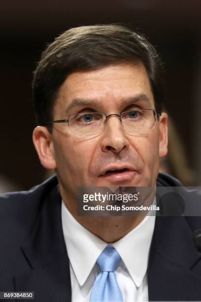 Mark Esper testifies before the Senate Armed Services Committee during his confirmation hearing to be secretary of the U.S. Army in the Dirksen...