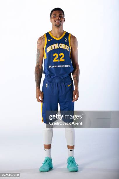 Michael Gbinije of the Santa Cruz Warriors poses for a portrait during the NBA G-League media day on October 31, 2017 at Kaiser Permanente Arena in...
