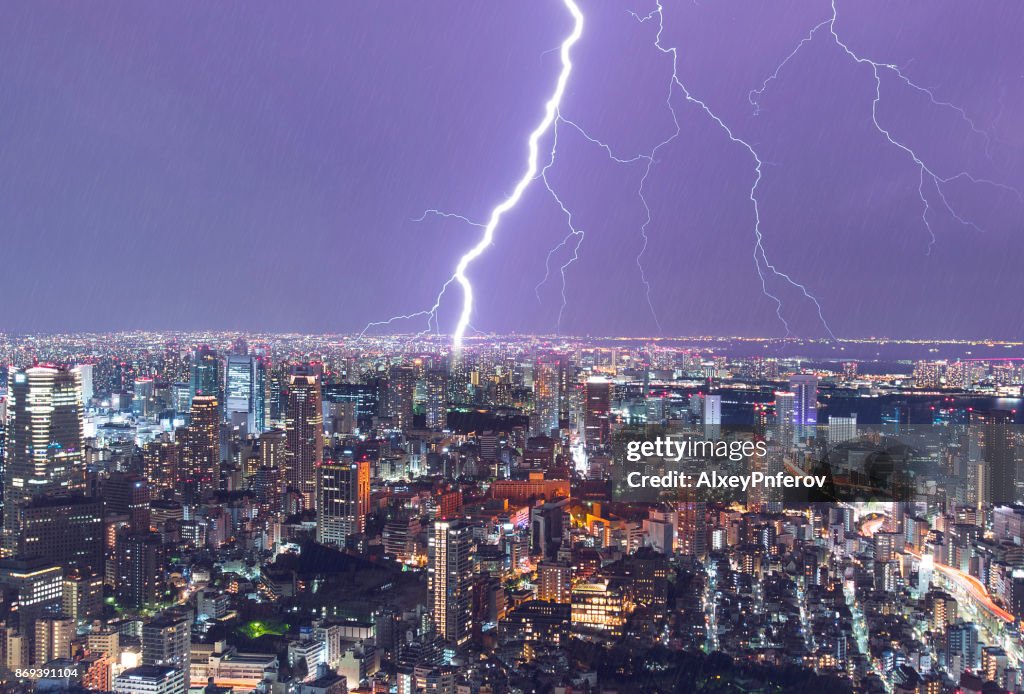 Heavy Thunderstorm and lightning over the night City, Storm and Rain