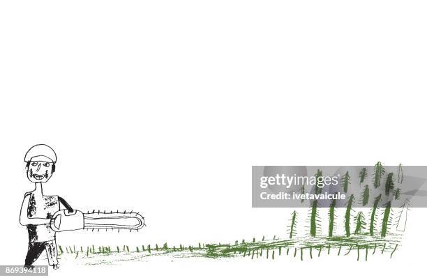 vektor-illustration von hand gezeichneter mann mit kettensäge schneiden von bäumen - holzhacken stock-grafiken, -clipart, -cartoons und -symbole