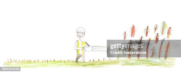crayon drawing of man with chainsaw cutting wood down - chainsaw stock illustrations