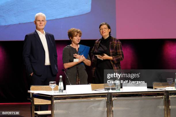 Curator Bundeskunstalle Rein Wolfs, Agnieszka Lulinska and Director Kunstmuseum Bern Nina Zimmer attend the press-conference at the 'Bestandsaufnahme...