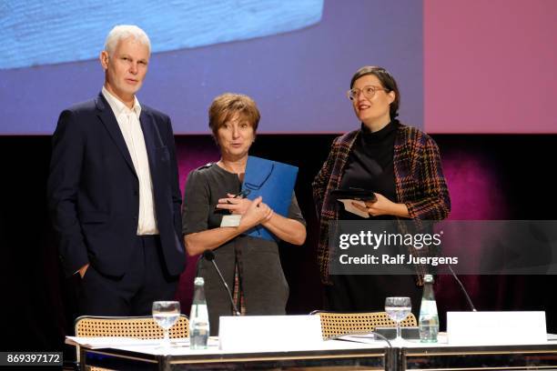 Curator Bundeskunstalle Rein Wolfs, Agnieszka Lulinska and Director Kunstmuseum Bern Nina Zimmer attend the press-conference at the 'Bestandsaufnahme...