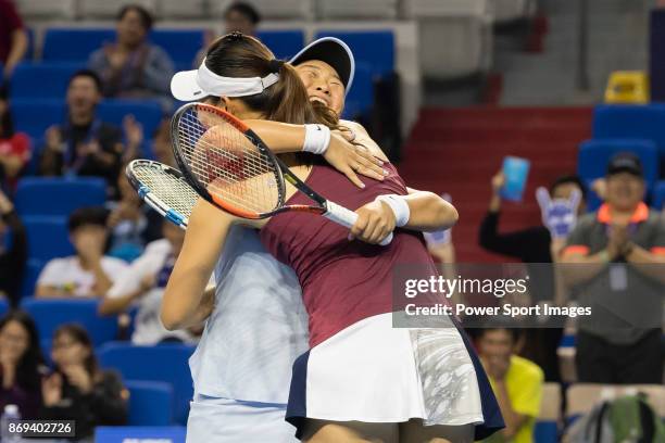 Xinyun Han and Ying-Ying Duan of China celebrates winning the doubles Round Robin match of the WTA Elite Trophy Zhuhai 2017 against Raluca Olaru of...