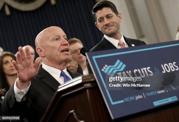 House Way and Means Chairman Kevin Brady and Speaker of the House Paul Ryan , joined by members of the House Republican leadership, introduce tax...