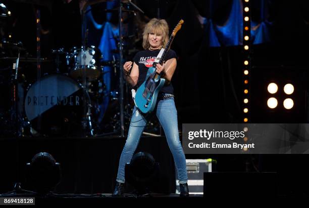 Singer Chrissie Hynde performs with The Pretenders as the support act for Stevie Nicks 24 Karat Gold Tour at Perth Arena on November 2, 2017 in...