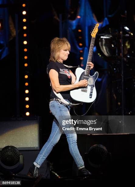 Singer Chrissie Hynde performs on stage with The Pretenders as the support act for Stevie Nicks performs on stage during her 24 Karat Gold Tour at...