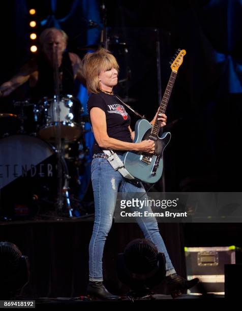 Singer Chrissie Hynde performs on stage with The Pretenders as the support act for Stevie Nicks 24 Karat Gold Tour at Perth Arena on November 2, 2017...