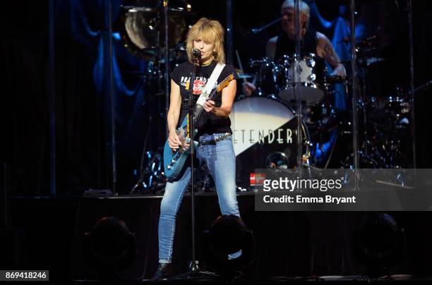Singer Chrissie Hynde performs on stage with The Pretenders as the support act for Stevie Nicks performs on stage during her 24 Karat Gold Tour at...