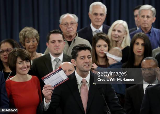 Speaker of the House Paul Ryan , surrounded by families, and members of the House Republican leadership introduce tax reform legislation November 2,...