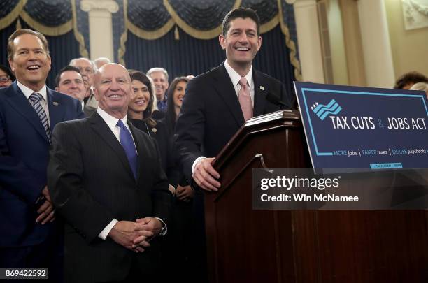 House Way and Means Chairman Kevin Brady and Speaker of the House Paul Ryan , joined by members of the House Republican leadership, introduce tax...