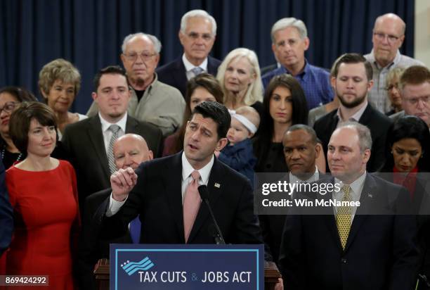 Speaker of the House Paul Ryan , surrounded by American families, and members of the House Republican leadership introduce tax reform legislation...