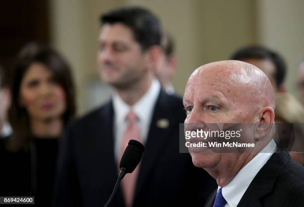 House Way and Means Chairman Kevin Brady , joined by members of the House Republican leadership, introduce tax reform legislation November 2, 2017 in...