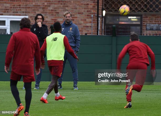 Jurgen Klopp manager and Zeljko Buvac of Liverpool during a training session at Melwood Training Ground on November 2, 2017 in Liverpool, England.