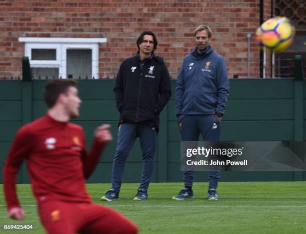Jurgen Klopp manager and Zeljko Buvac of Liverpool during a training session at Melwood Training Ground on November 2, 2017 in Liverpool, England.