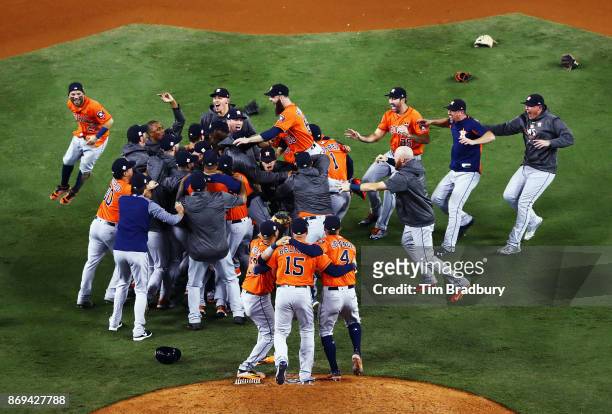 The Houston Astros celebrate defeating the Los Angeles Dodgers 5-1 in game seven to win the 2017 World Series at Dodger Stadium on November 1, 2017...