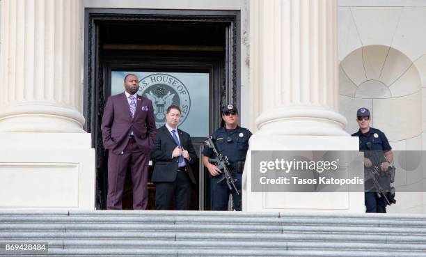 Capital Police prepare the area on the east side of US Capital for a press conference to show solidarity with the people of Puerto Rico and U.S....