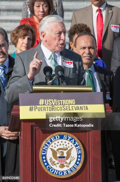 House Minority Whip Steny Hoyer speaks at a press conference to show solidarity with the people of Puerto Rico and U.S. Virgin Islands after the...