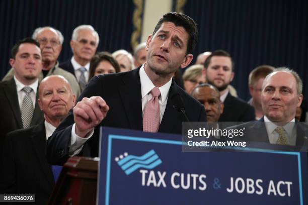 Speaker of the House Rep. Paul Ryan speaks as Chairman of House Ways and Means Committee Rep. Kevin Brady and House Majority Whip Rep Steve Scalise...