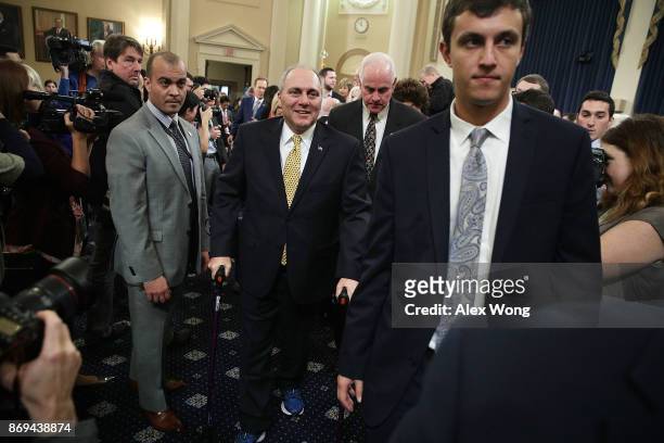 House Majority Whip Rep. Steve Scalise leaves after a news conference on the tax reform legislation November 2, 2017 on Capitol Hill in Washington,...