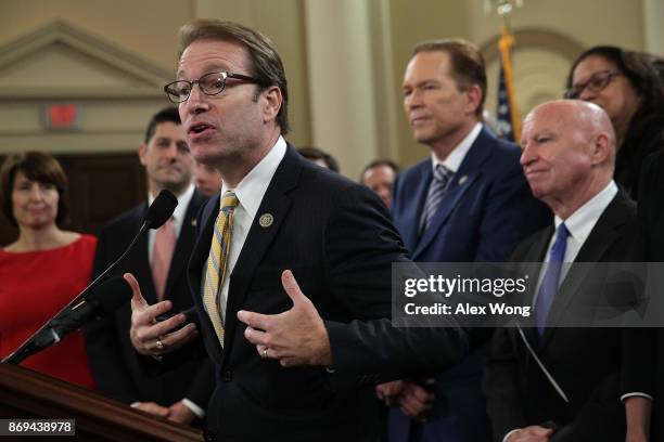 Rep. Peter Roskam speaks as Rep. Cathy McMorris Rodgers , Speaker of the House Rep. Paul Ryan , Rep. Vern Buchanan , and Chairman of House Ways and...