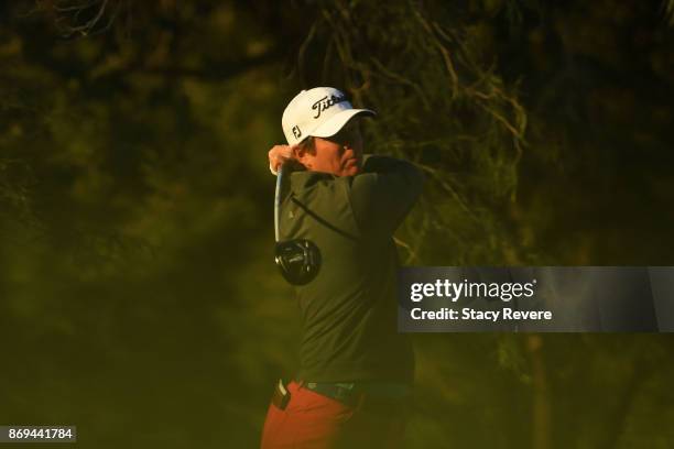 Derek Fathauer hits his tee shot on the 12th hole during the first round of the Shriners Hospitals For Children Open at TPC Summerlin on November 2,...