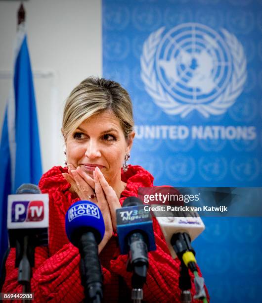 Queen Maxima of The Netherlands during the debriefing and press conference at the UN local office on November 2, 2017 in Abuja, Niger.