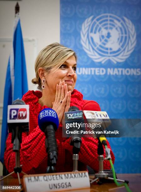 Queen Maxima of The Netherlands during the debriefing and press conference at the UN local office on November 2, 2017 in Abuja, Niger.